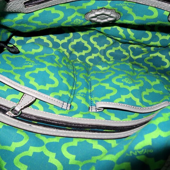 OrYany Leather Cotton Hand Bag Purse Silver Tone Hardware Green Pattern Lining - Picture 2 of 15